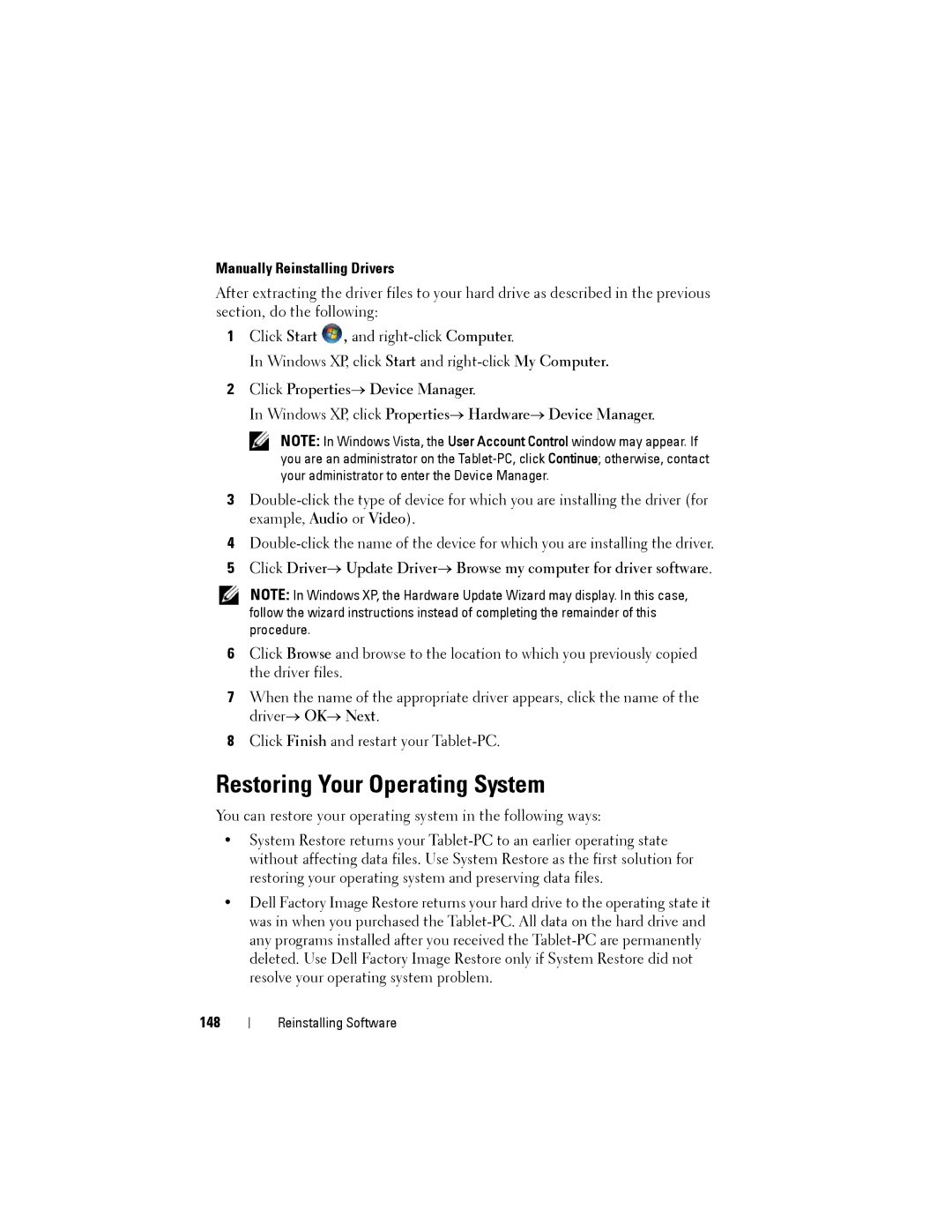 Dell PP12S manual Restoring Your Operating System, Manually Reinstalling Drivers, 148 