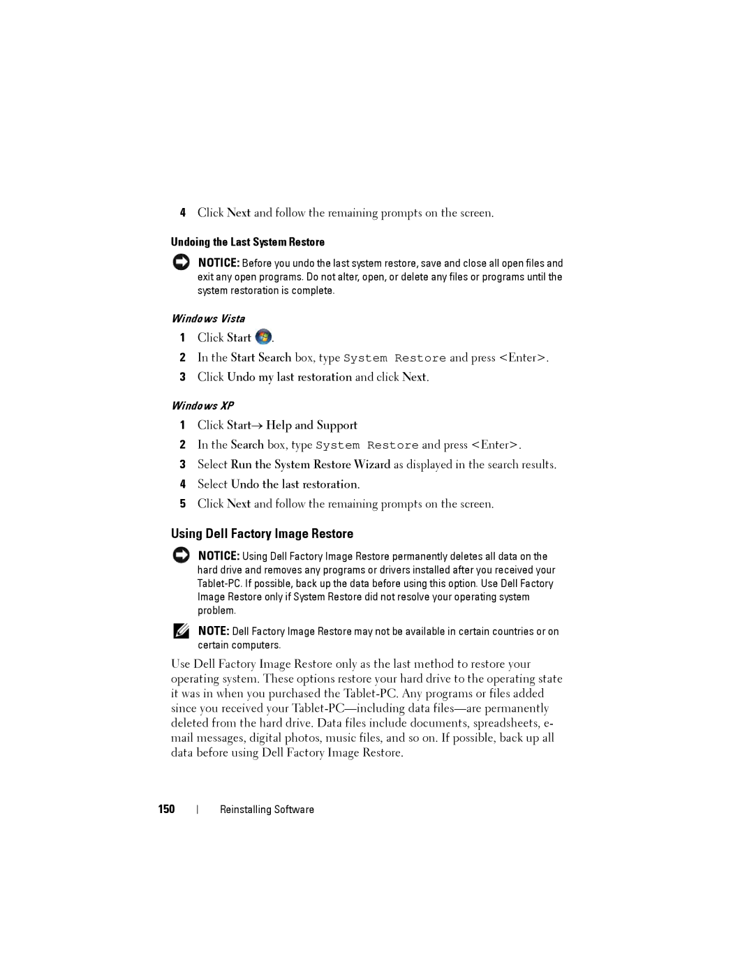 Dell PP12S manual Using Dell Factory Image Restore, Undoing the Last System Restore, 150 
