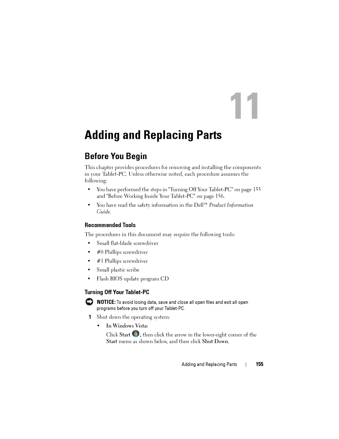 Dell PP12S manual Adding and Replacing Parts, Before You Begin, Recommended Tools, Turning Off Your Tablet-PC, 155 