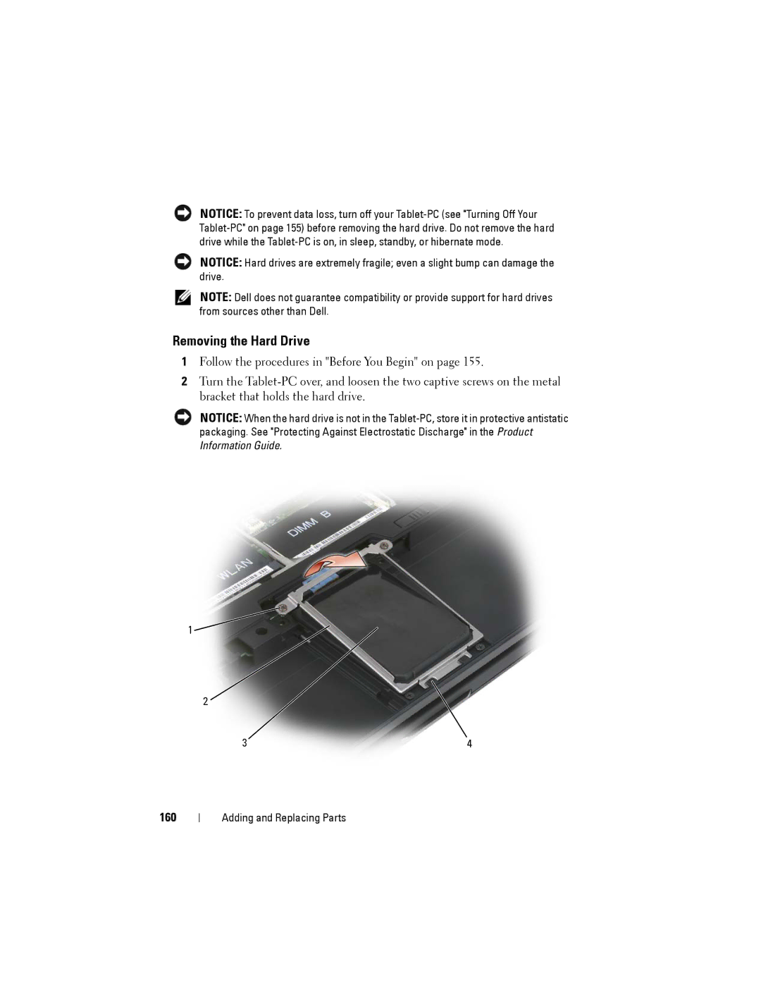 Dell PP12S manual Removing the Hard Drive, 160 