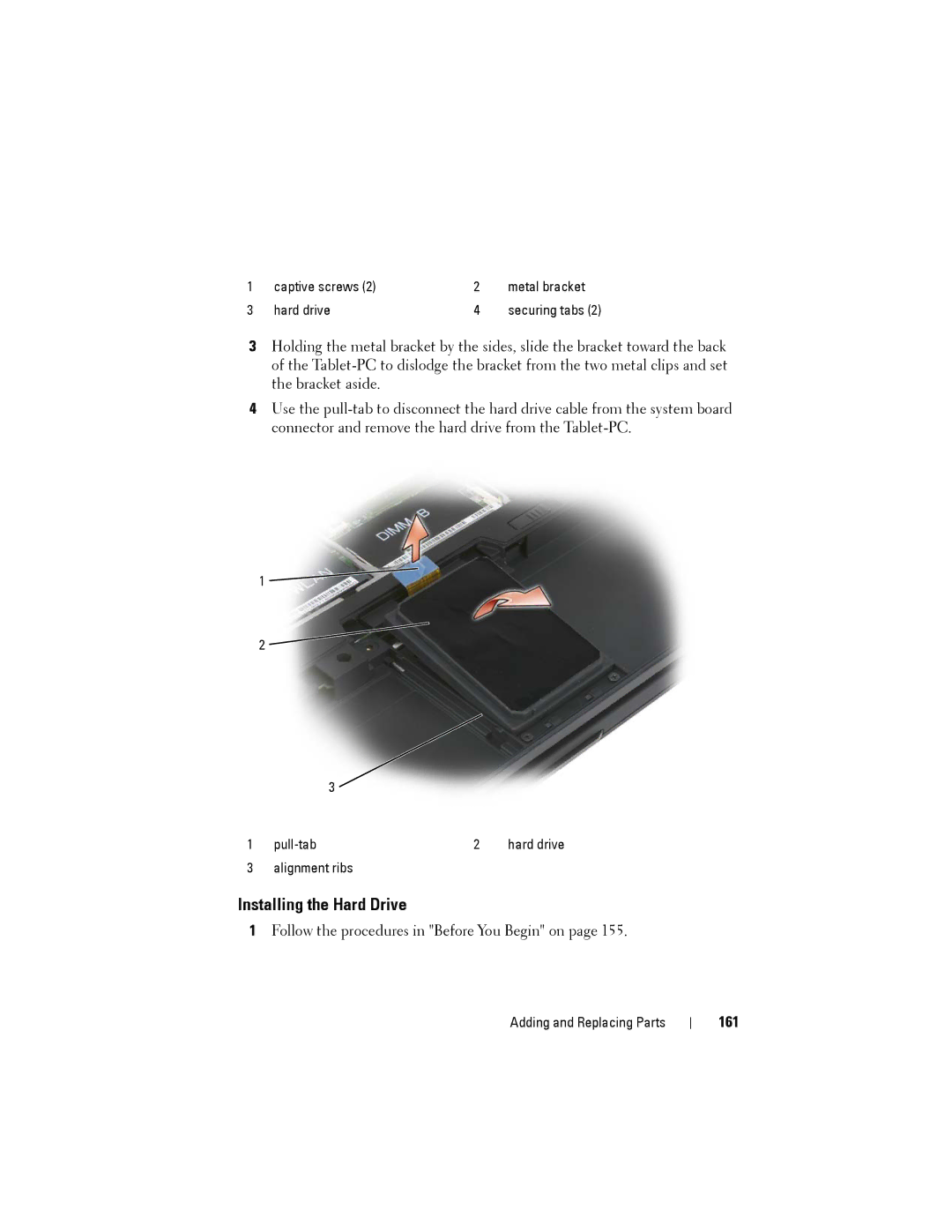 Dell PP12S manual Installing the Hard Drive, 161 