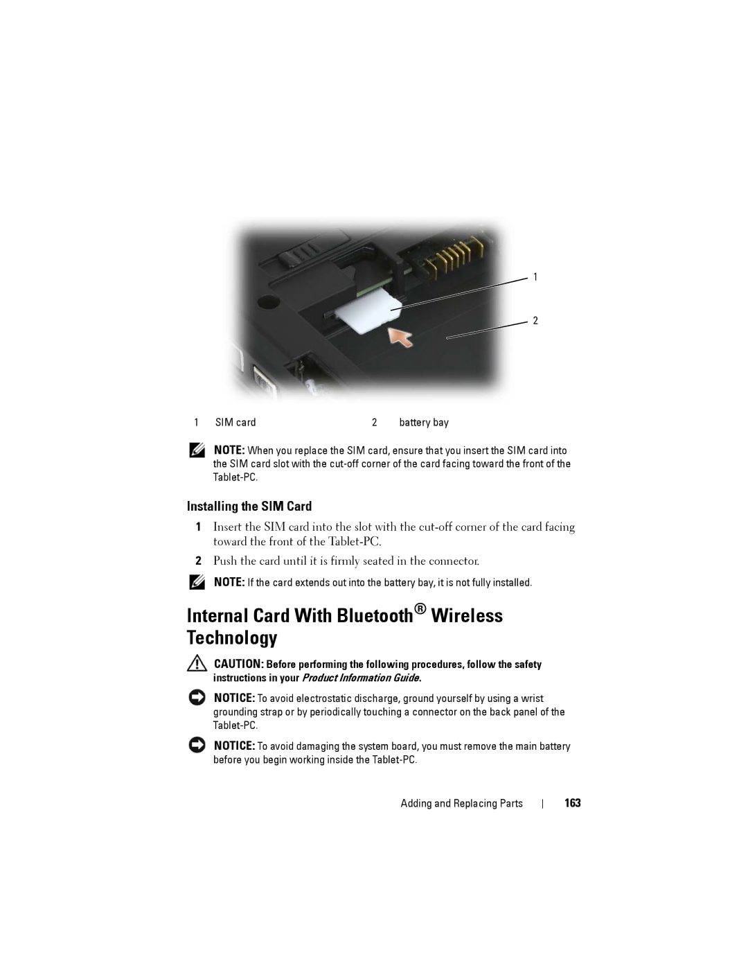 Dell PP12S manual Internal Card With Bluetooth Wireless Technology, Installing the SIM Card, 163 