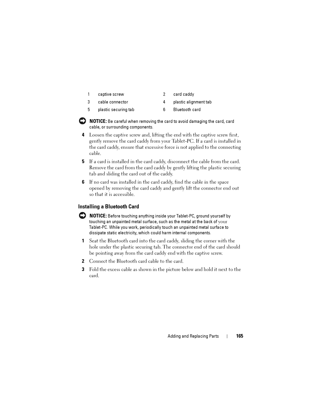 Dell PP12S manual Installing a Bluetooth Card, 165 