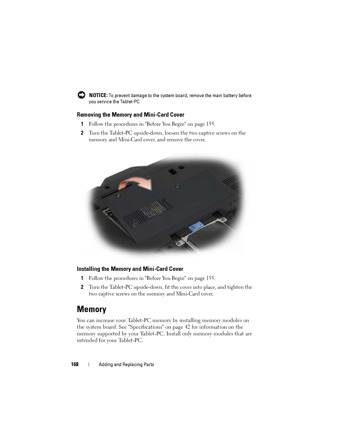 Dell PP12S manual Removing the Memory and Mini-Card Cover, Installing the Memory and Mini-Card Cover, 168 