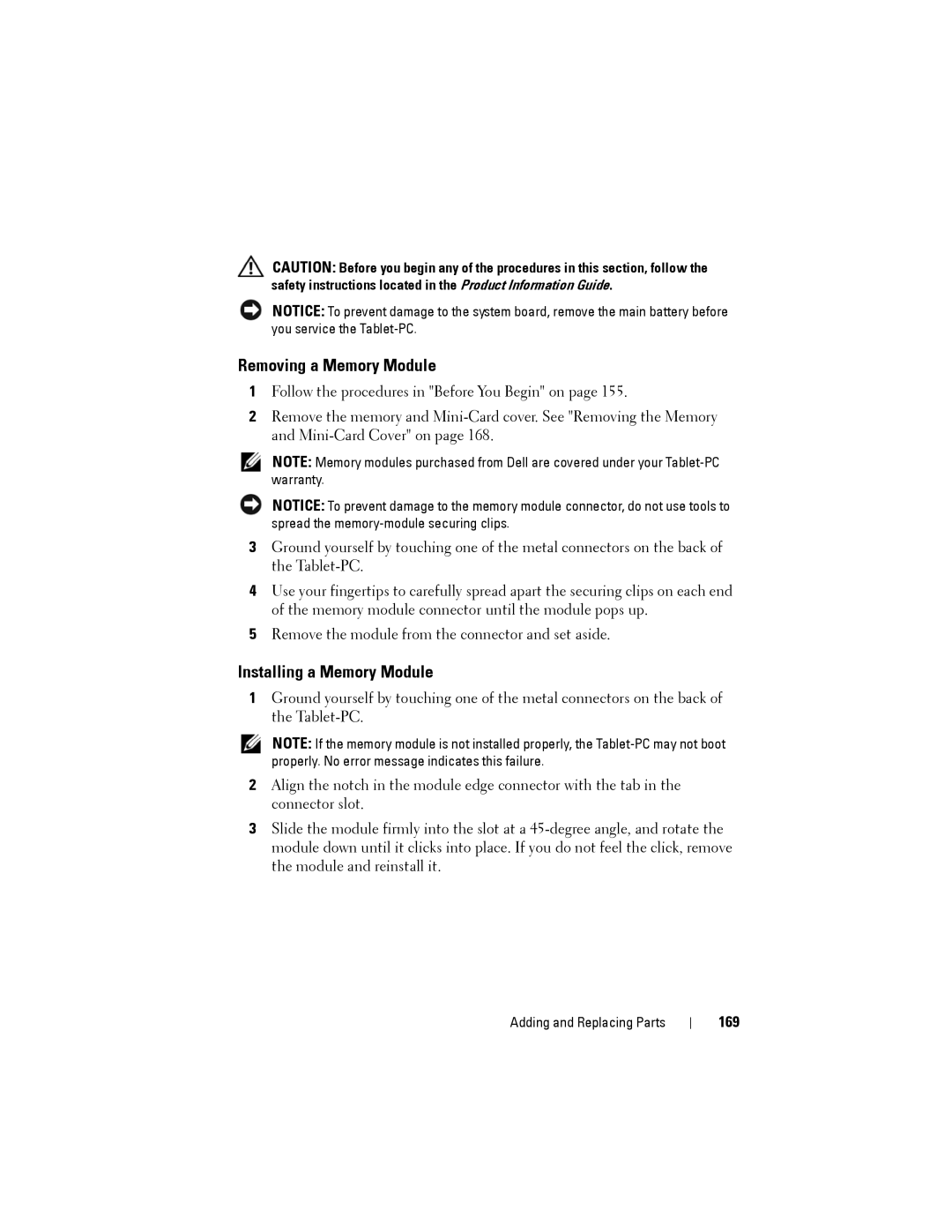 Dell PP12S manual Removing a Memory Module, Installing a Memory Module, 169 