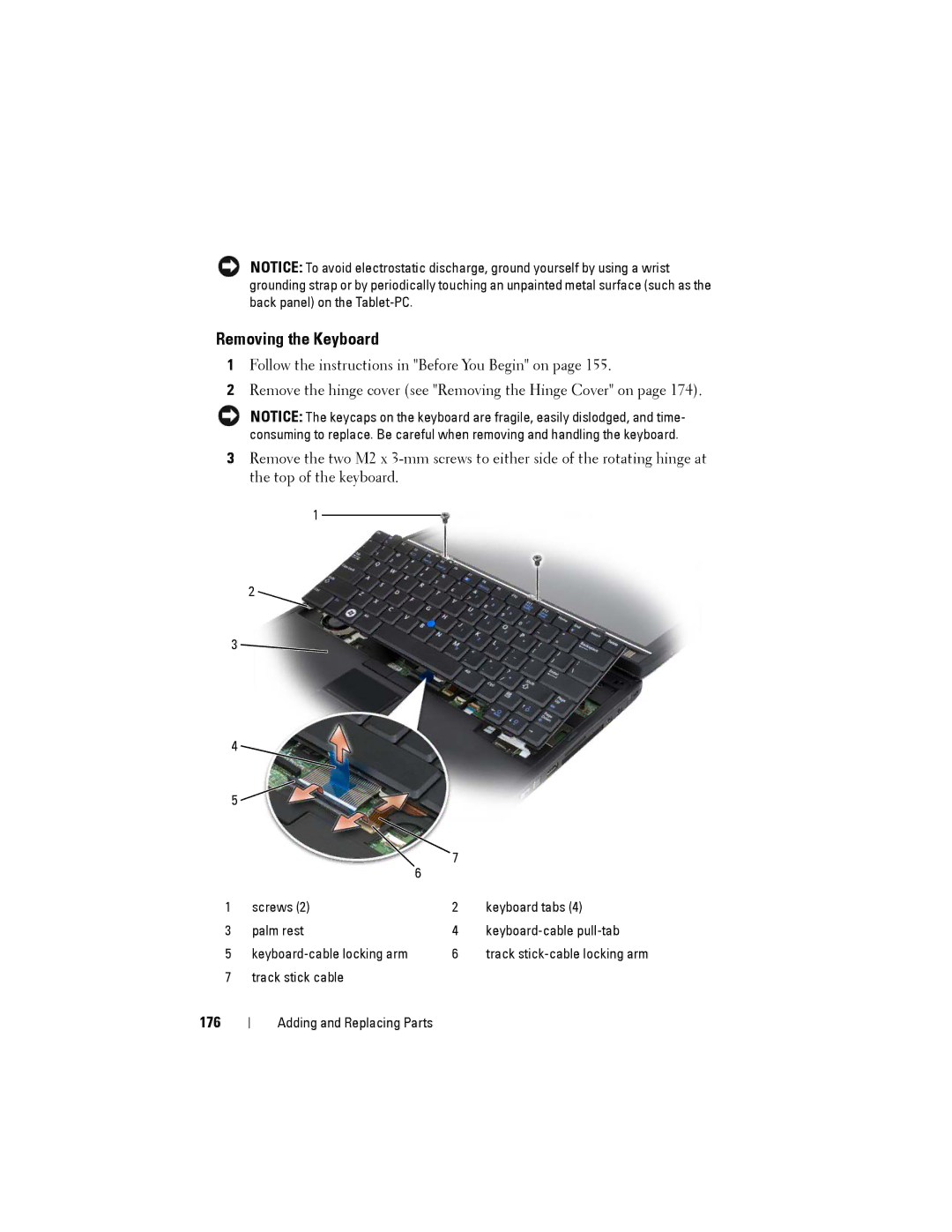 Dell PP12S manual Removing the Keyboard, 176 