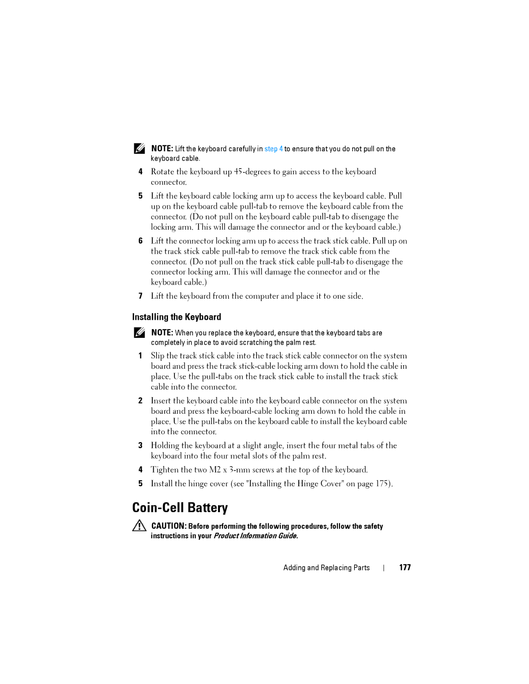 Dell PP12S manual Coin-Cell Battery, Installing the Keyboard, 177 