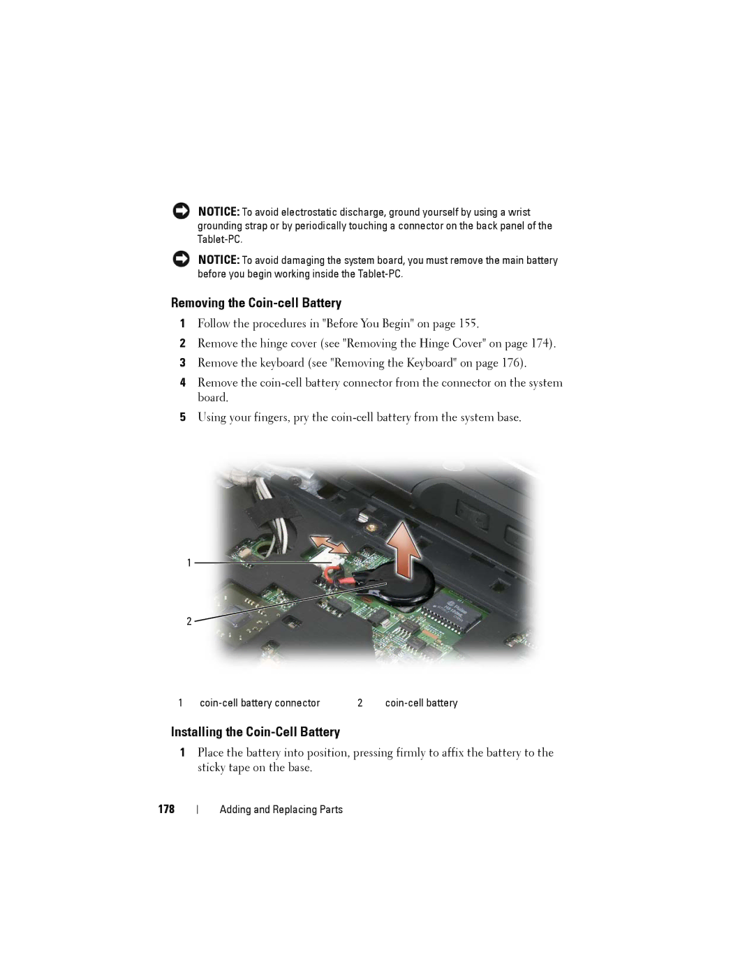 Dell PP12S manual Removing the Coin-cell Battery, Installing the Coin-Cell Battery, 178 