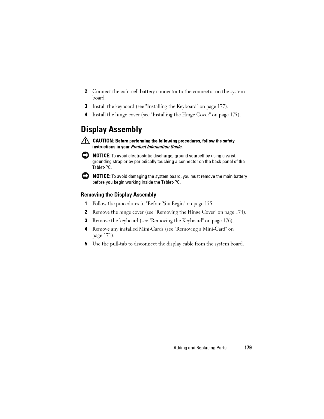 Dell PP12S manual Removing the Display Assembly, 179 