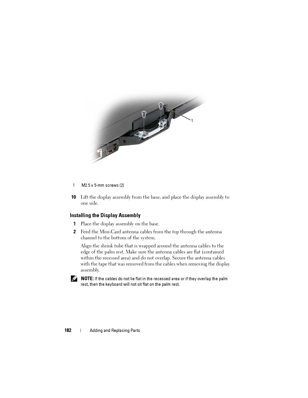 Dell PP12S manual Installing the Display Assembly, 182 