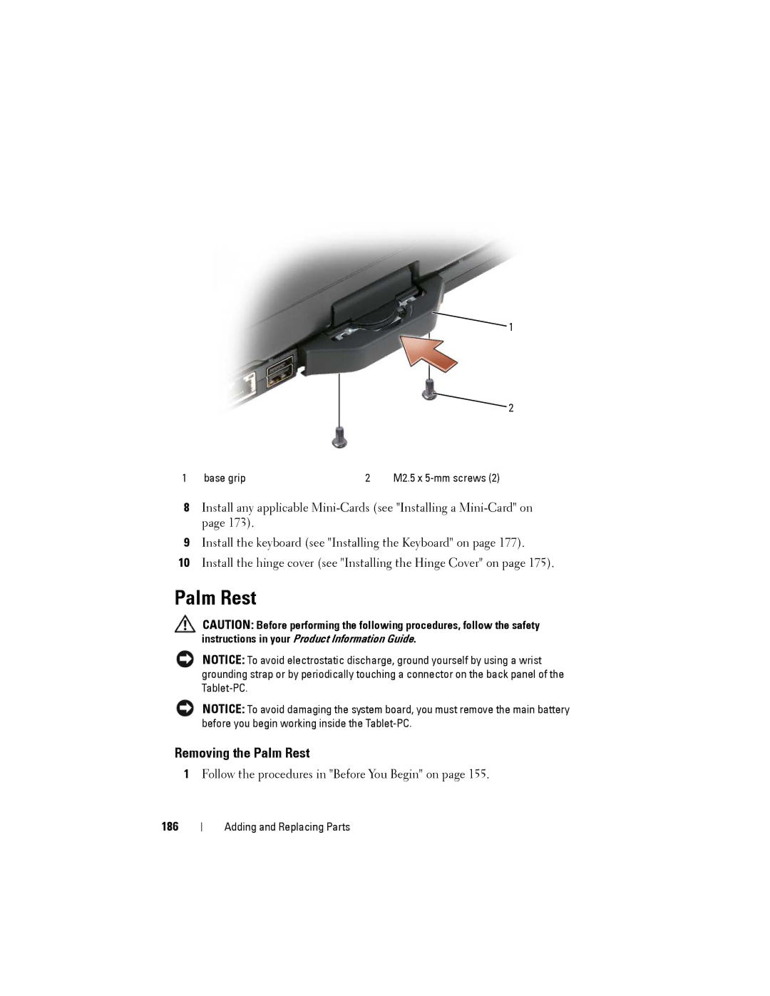 Dell PP12S manual Removing the Palm Rest, 186 