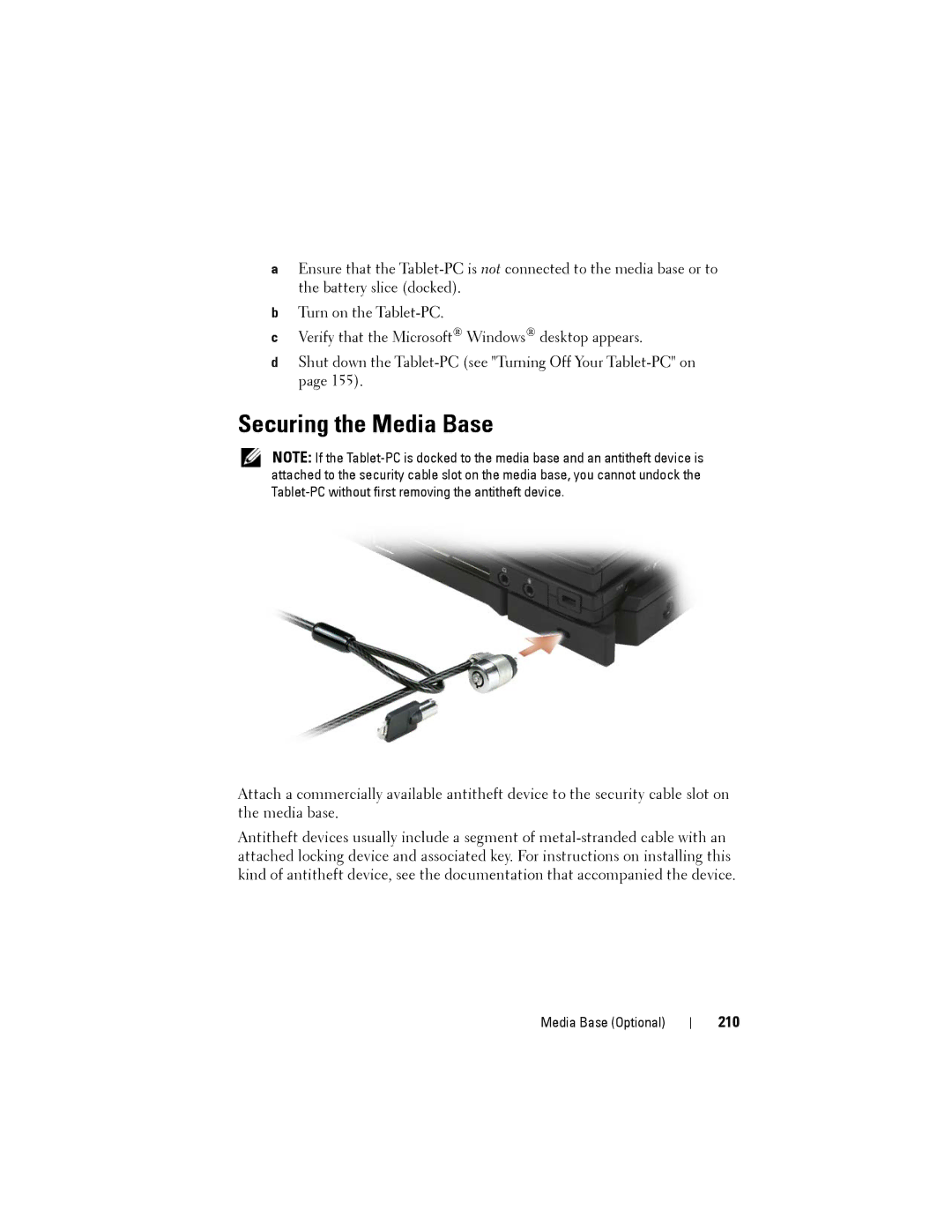 Dell PP12S manual Securing the Media Base, 210 