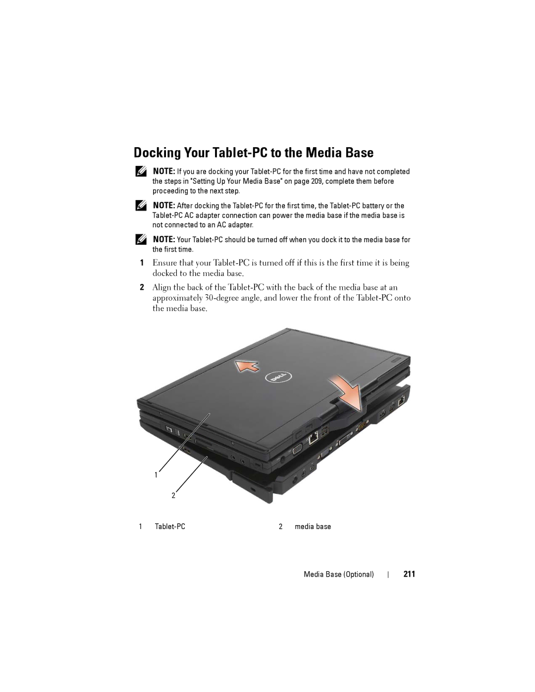 Dell PP12S manual Docking Your Tablet-PC to the Media Base, 211 