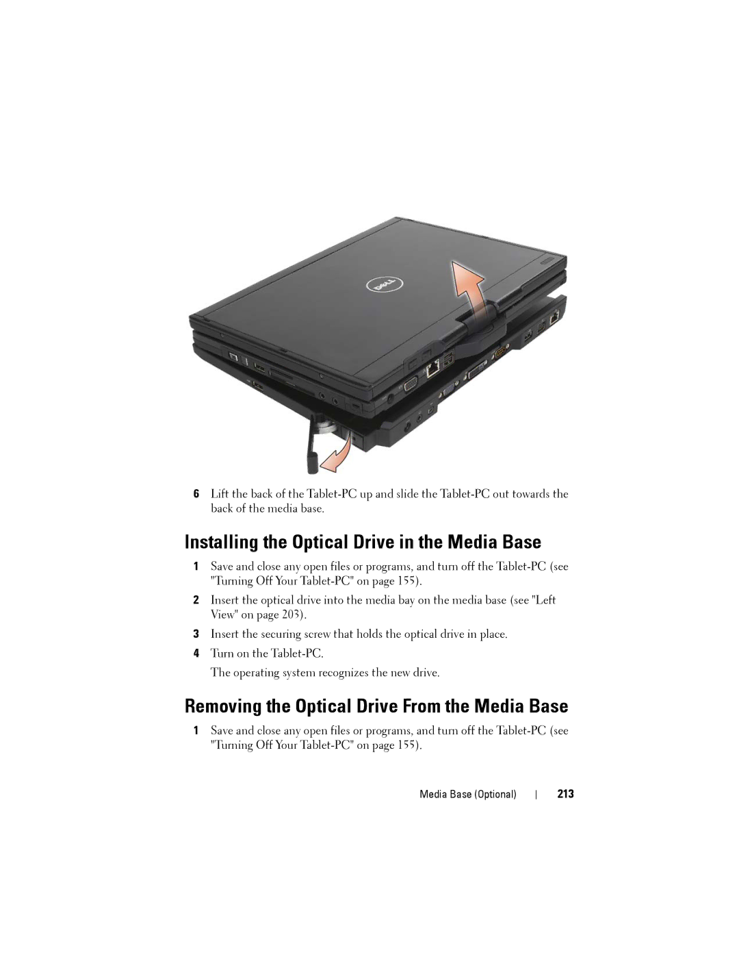 Dell PP12S manual Installing the Optical Drive in the Media Base, 213 