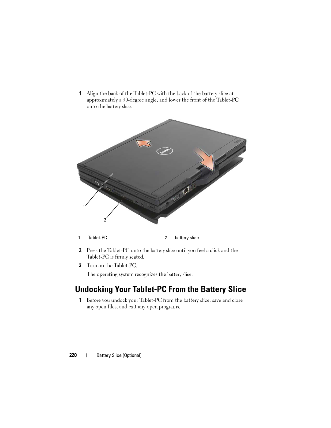 Dell PP12S manual Undocking Your Tablet-PC From the Battery Slice, 220 