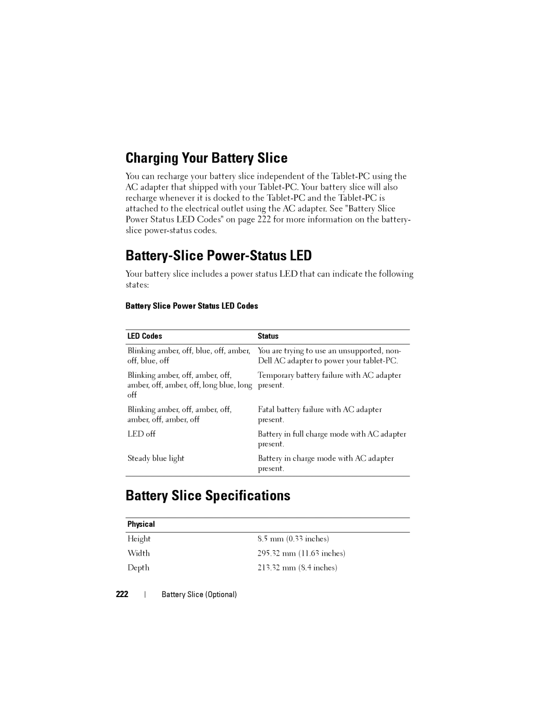 Dell PP12S manual Charging Your Battery Slice, Battery-Slice Power-Status LED, Battery Slice Specifications, 222 