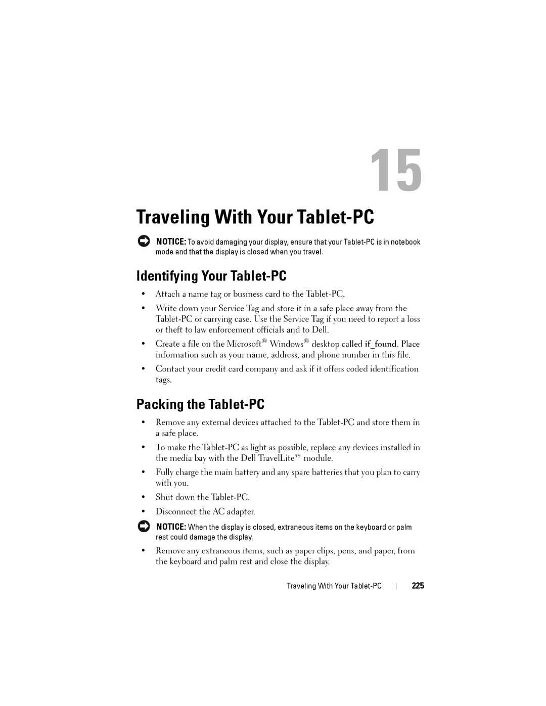 Dell PP12S manual Traveling With Your Tablet-PC, Identifying Your Tablet-PC, Packing the Tablet-PC, 225 