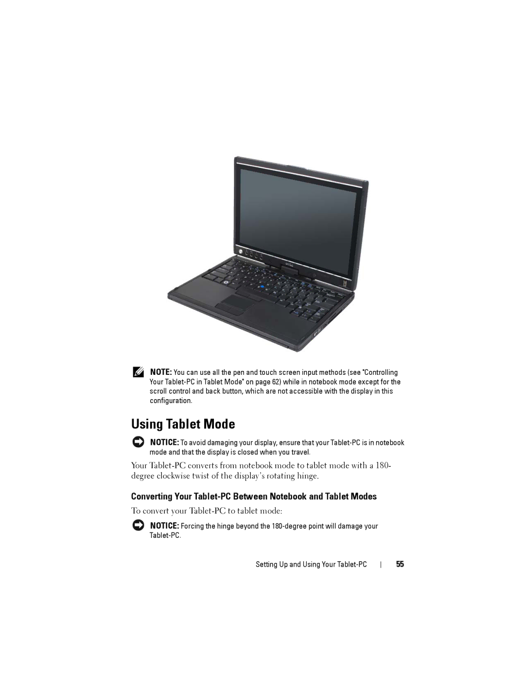 Dell PP12S manual Using Tablet Mode, Converting Your Tablet-PC Between Notebook and Tablet Modes 