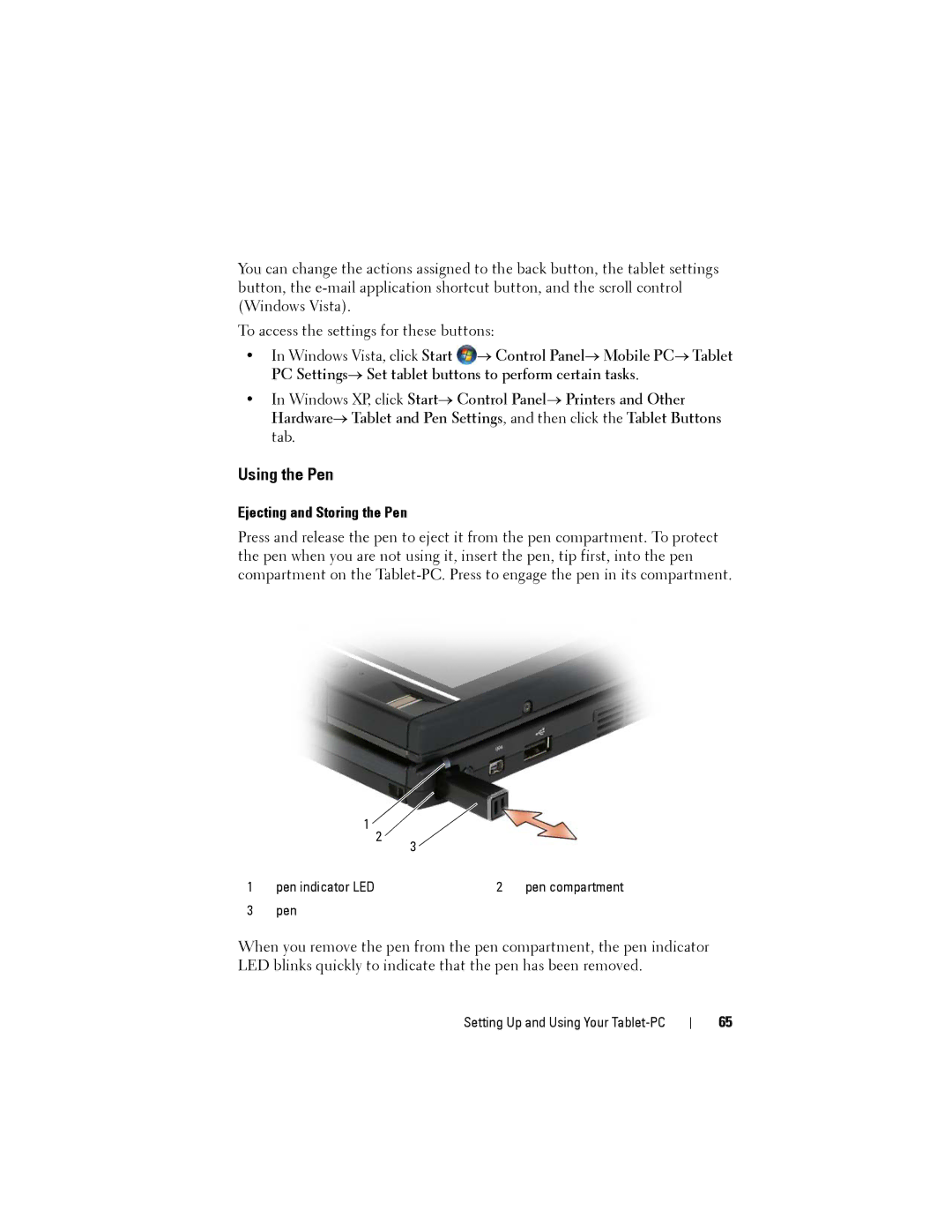 Dell PP12S manual Using the Pen, Ejecting and Storing the Pen 