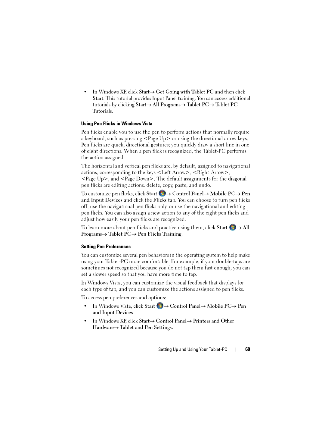 Dell PP12S manual Using Pen Flicks in Windows Vista, Setting Pen Preferences 