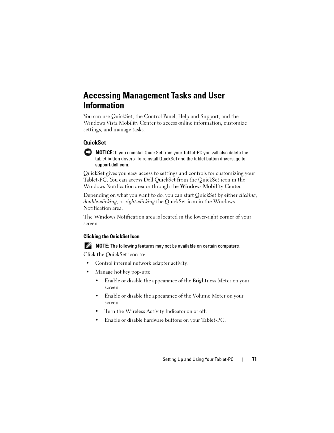 Dell PP12S manual Accessing Management Tasks and User Information, Clicking the QuickSet Icon 