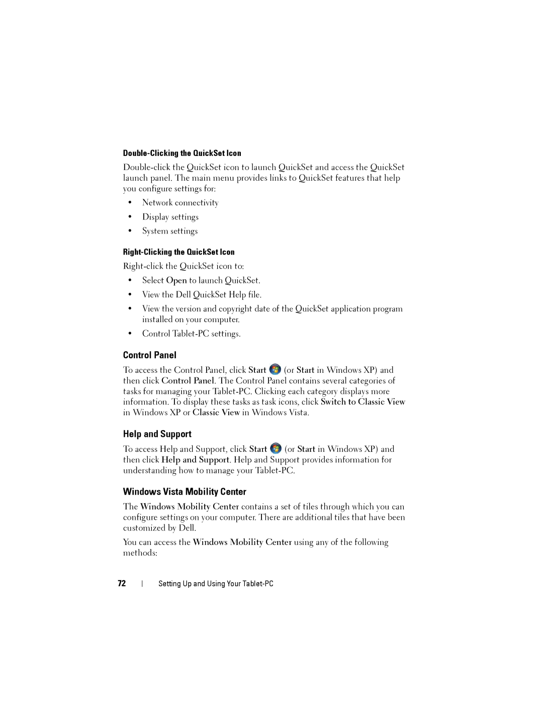 Dell PP12S manual Control Panel, Help and Support, Windows Vista Mobility Center, Double-Clicking the QuickSet Icon 