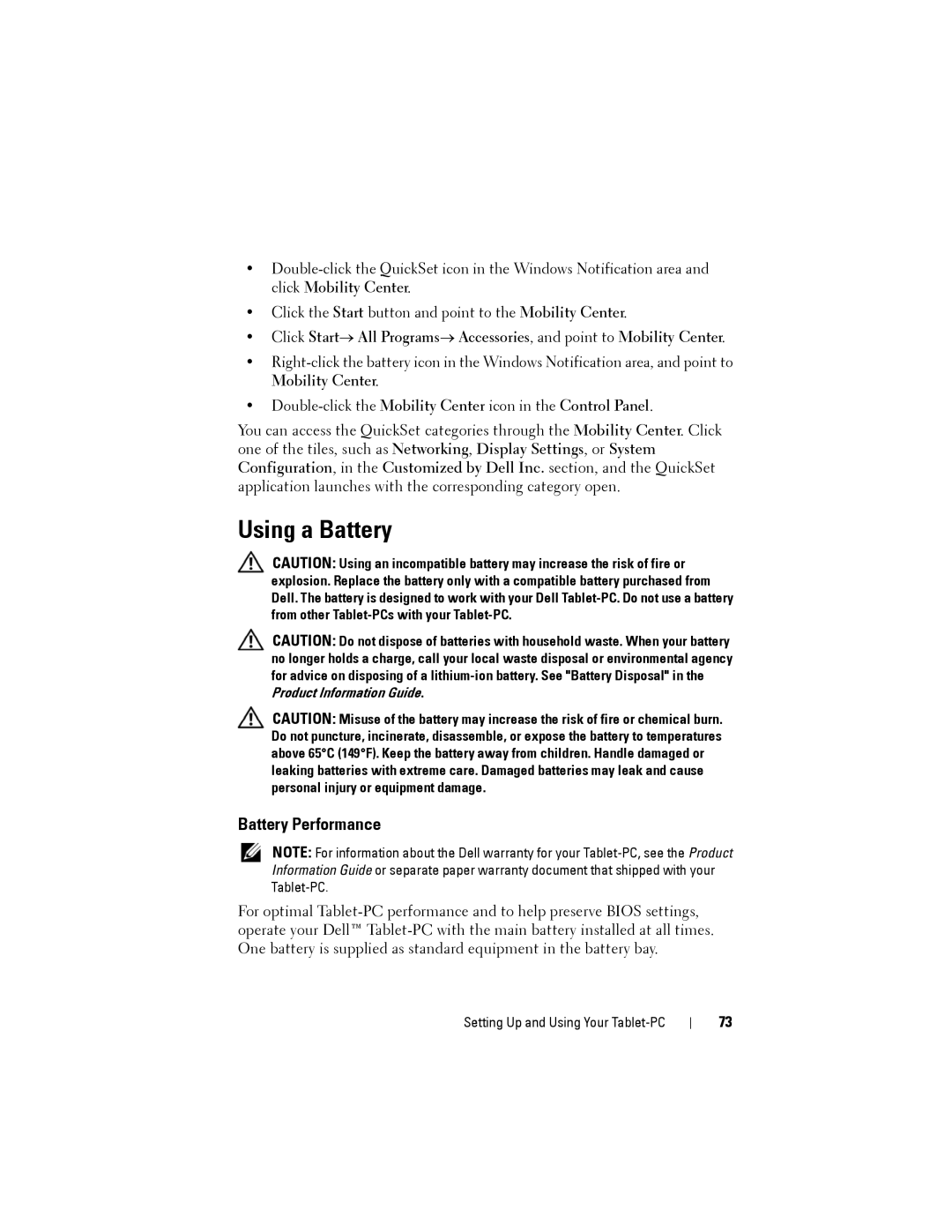 Dell PP12S manual Using a Battery, Battery Performance 