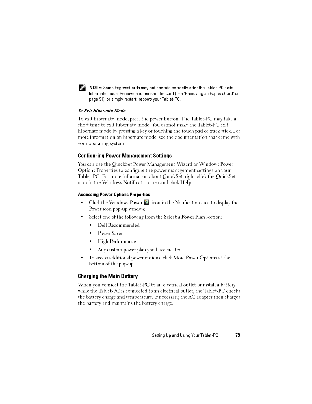 Dell PP12S manual Configuring Power Management Settings, Charging the Main Battery, Accessing Power Options Properties 