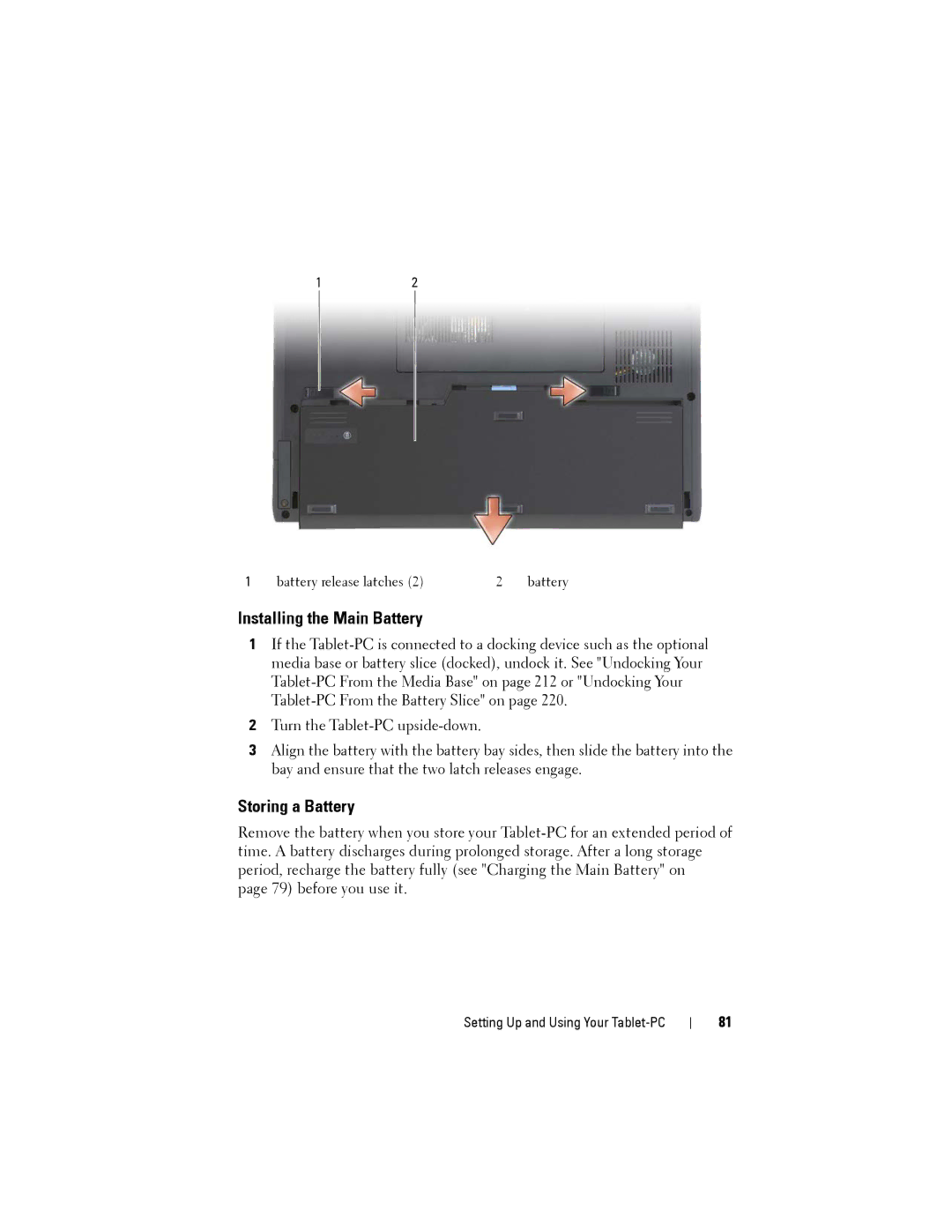 Dell PP12S manual Installing the Main Battery, Storing a Battery 