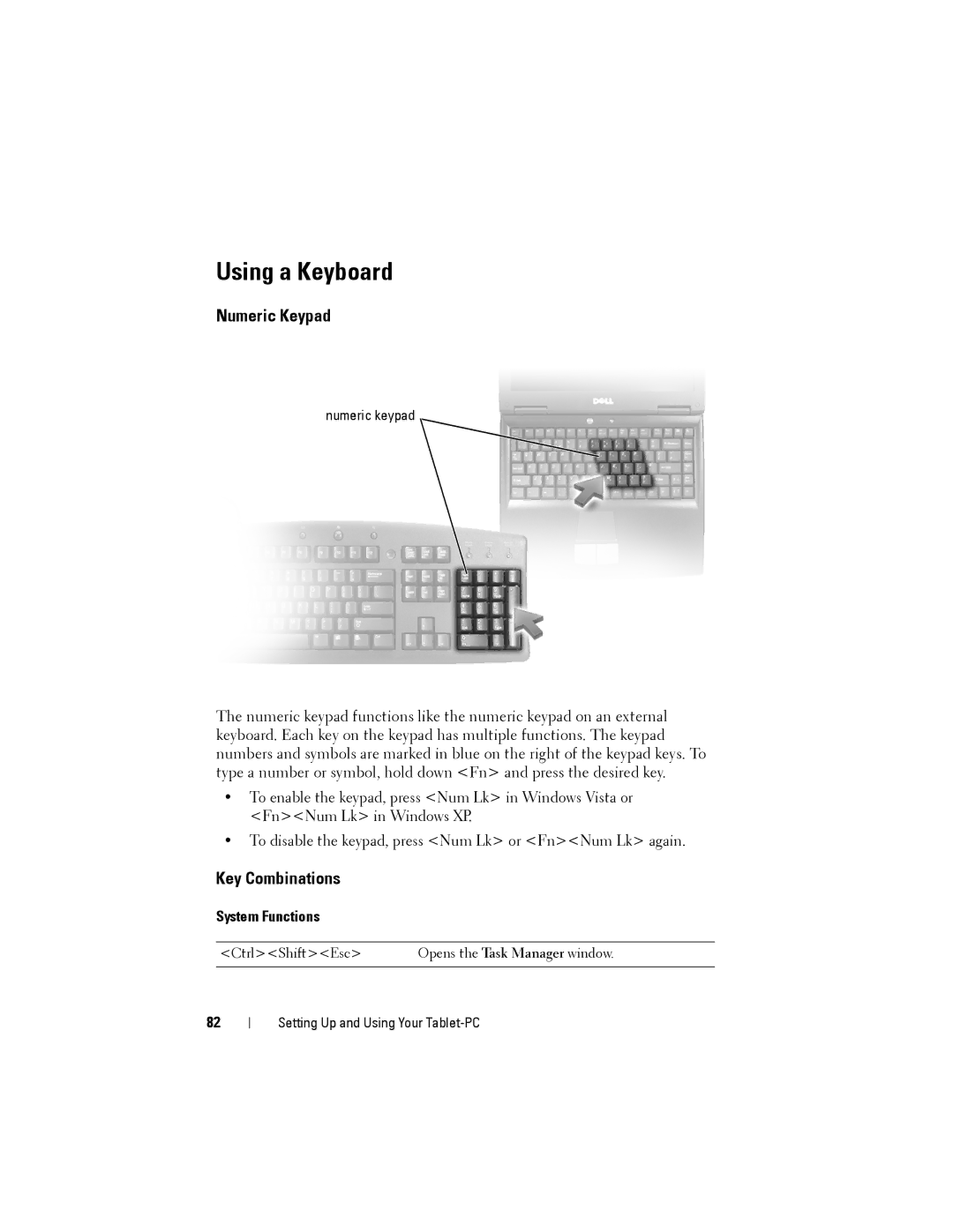 Dell PP12S manual Using a Keyboard, Numeric Keypad, Key Combinations, System Functions 