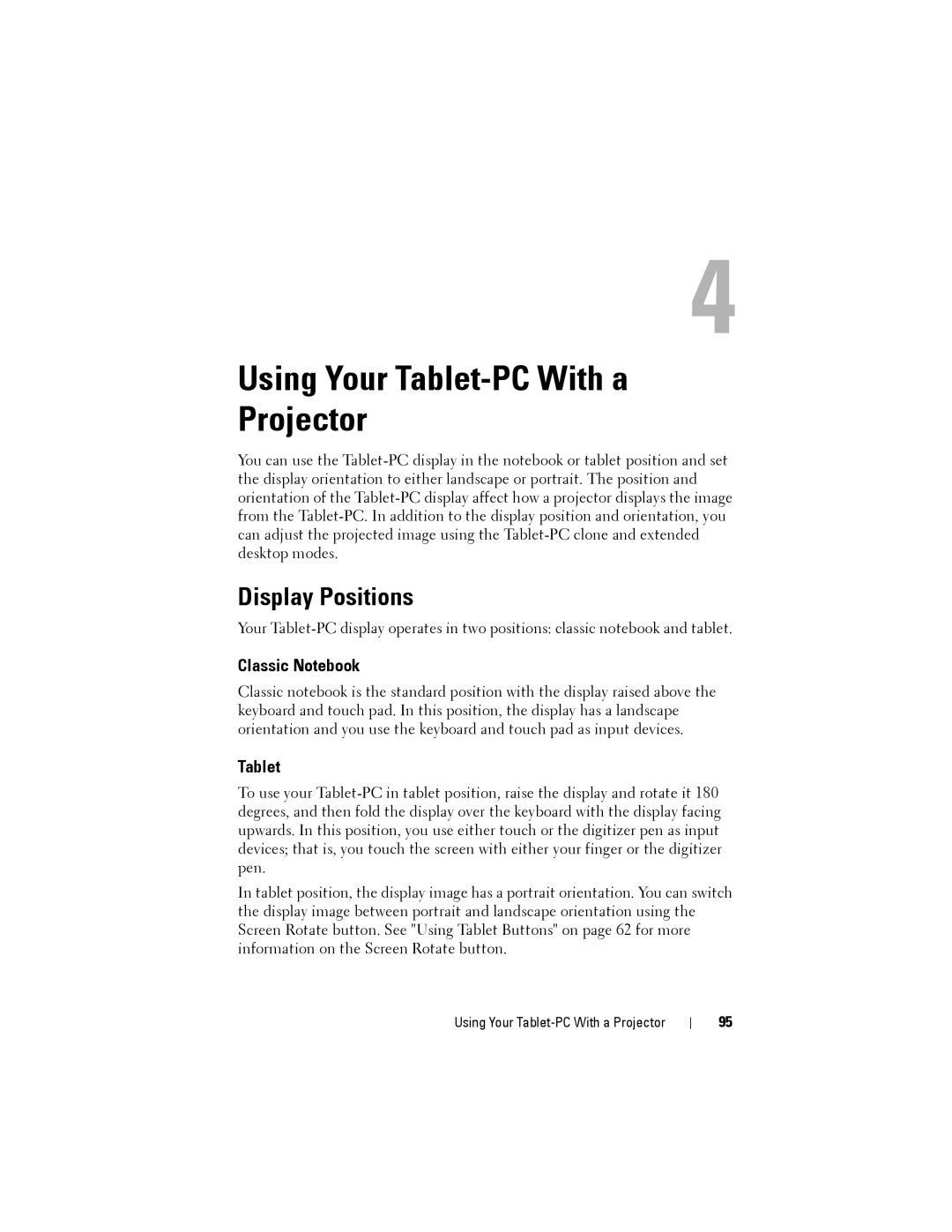 Dell PP12S manual Using Your Tablet-PC With a Projector, Display Positions, Classic Notebook 