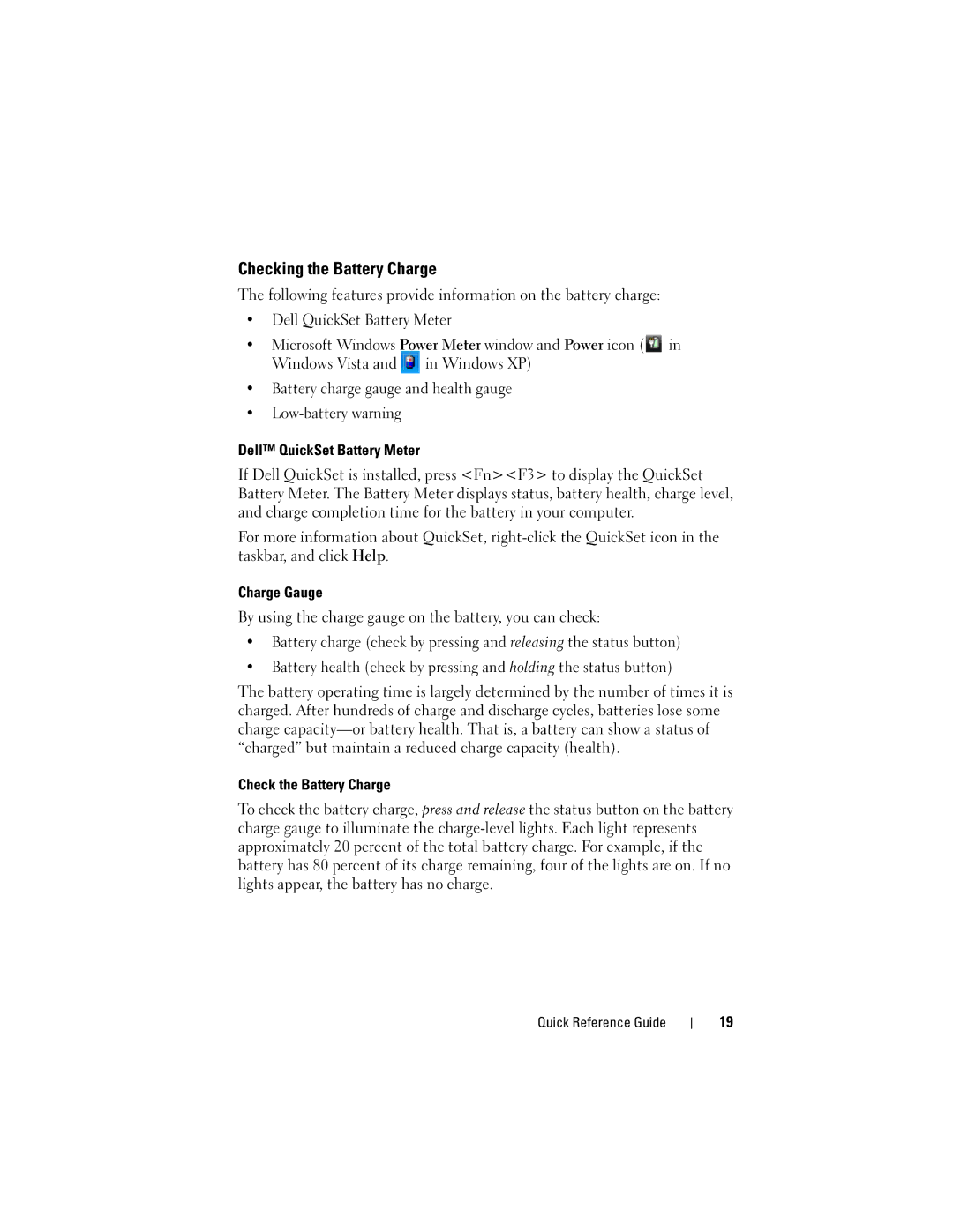 Dell PP12S manual Checking the Battery Charge, Dell QuickSet Battery Meter, Charge Gauge, Check the Battery Charge 