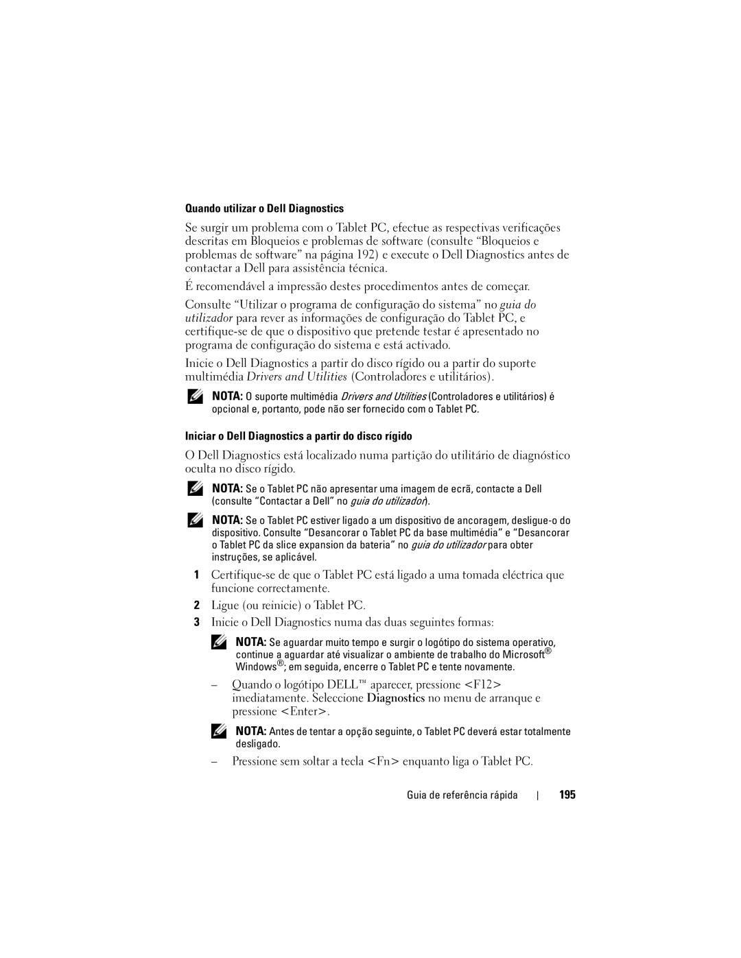 Dell PP12S manual Quando utilizar o Dell Diagnostics, Iniciar o Dell Diagnostics a partir do disco rígido, 195 