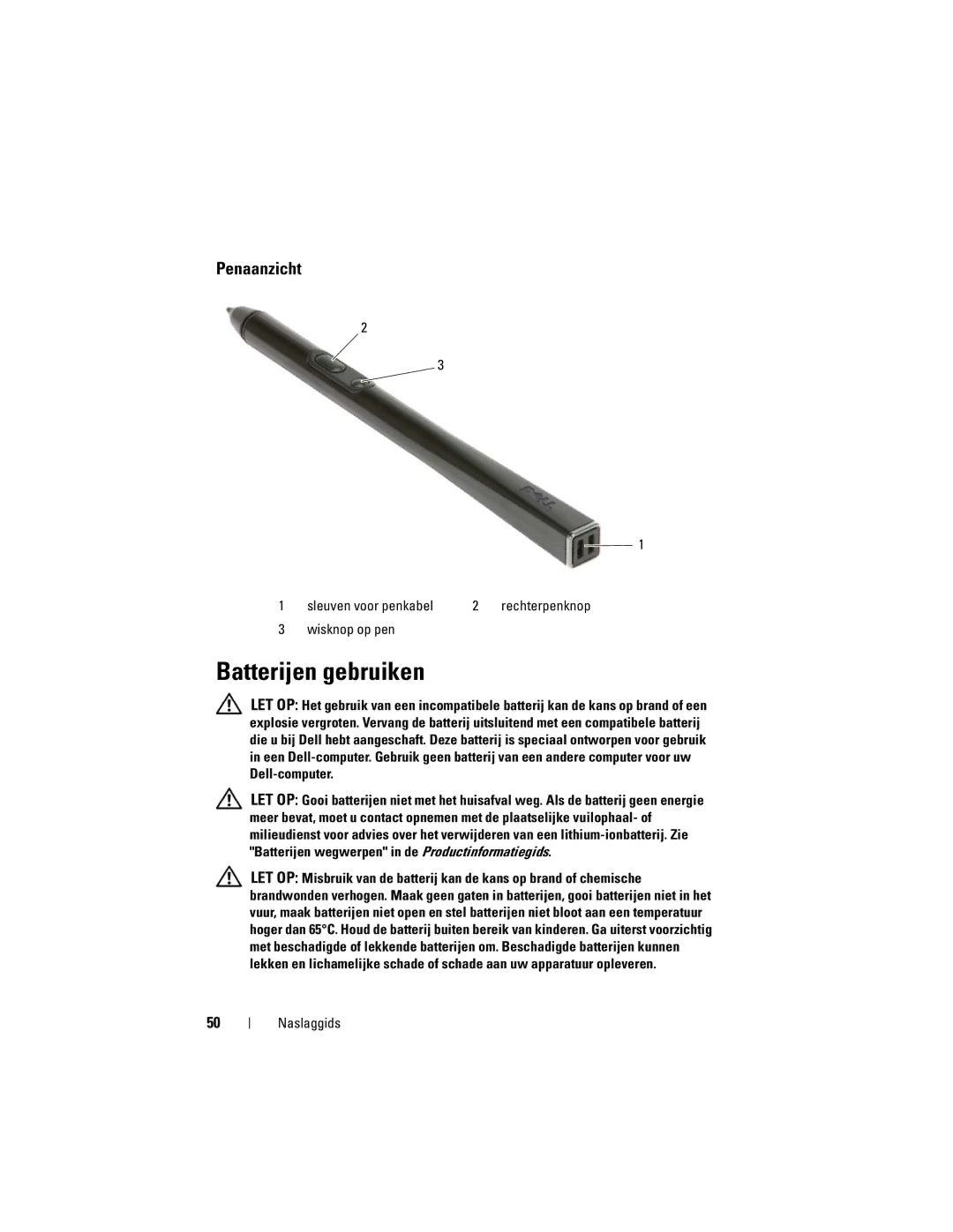 Dell PP12S manual Batterijen gebruiken, Penaanzicht, Sleuven voor penkabel, Wisknop op pen 