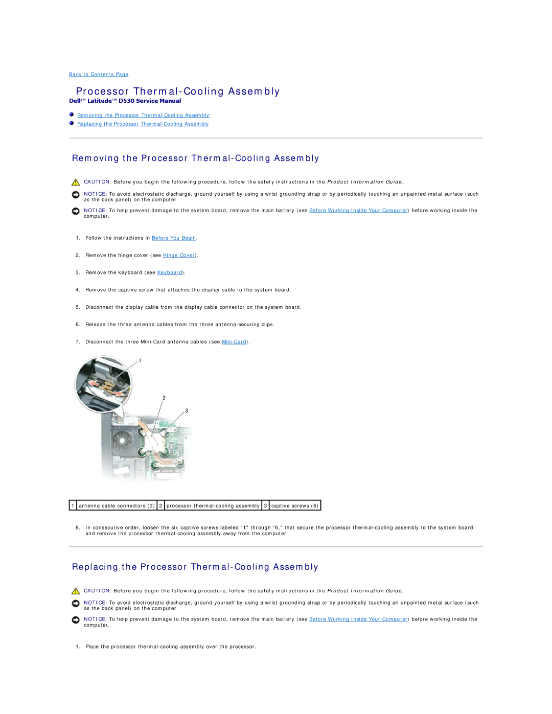 Dell PP17L manual Removing the Processor Thermal-Cooling Assembly, Replacing the Processor Thermal-Cooling Assembly 