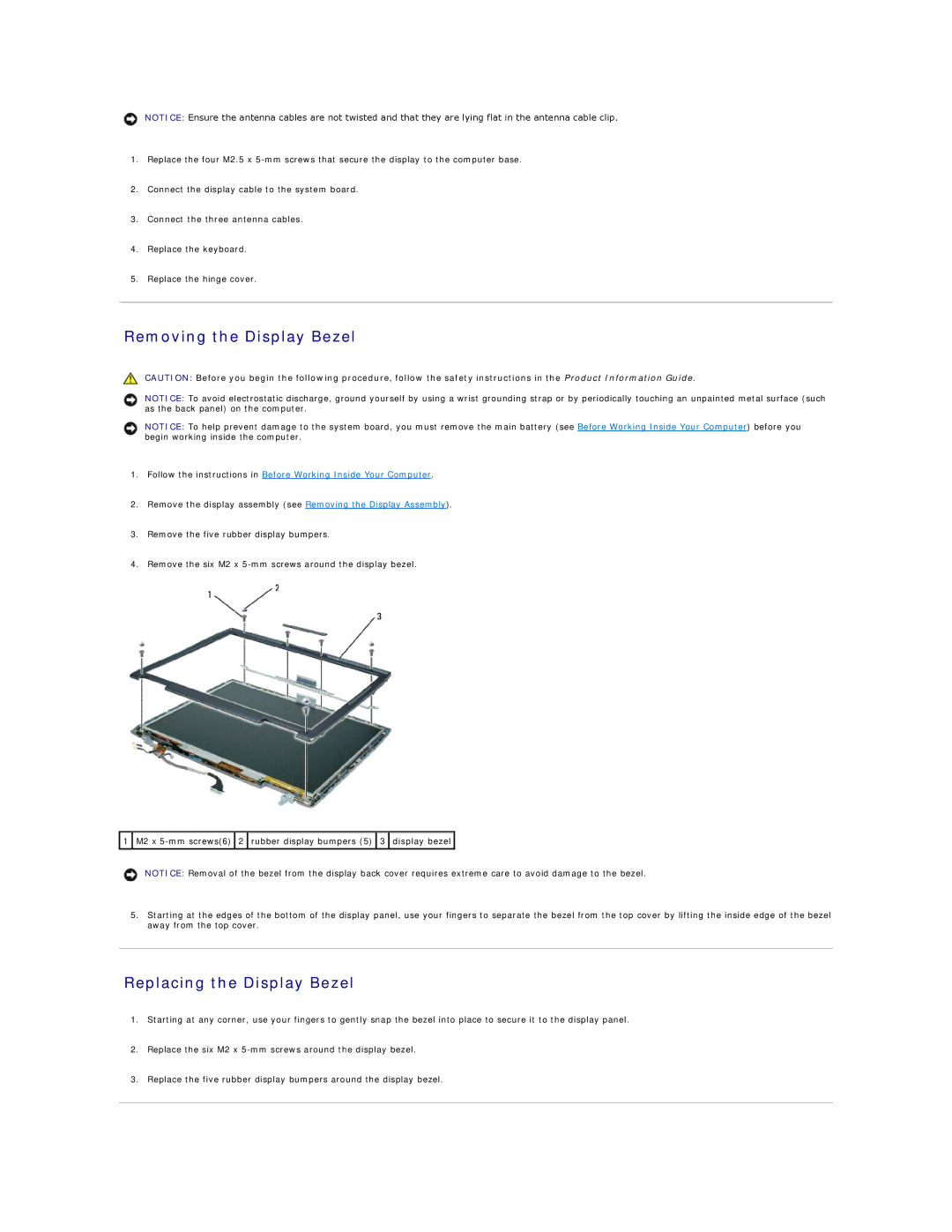 Dell PP17L manual Removing the Display Bezel, Replacing the Display Bezel 