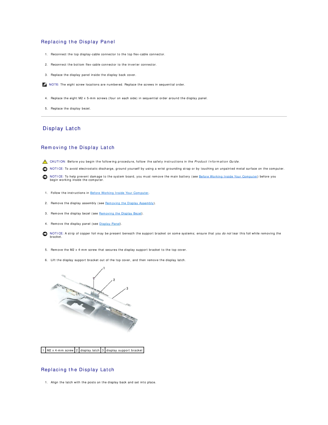 Dell PP17L manual Display Latch, Replacing the Display Panel 