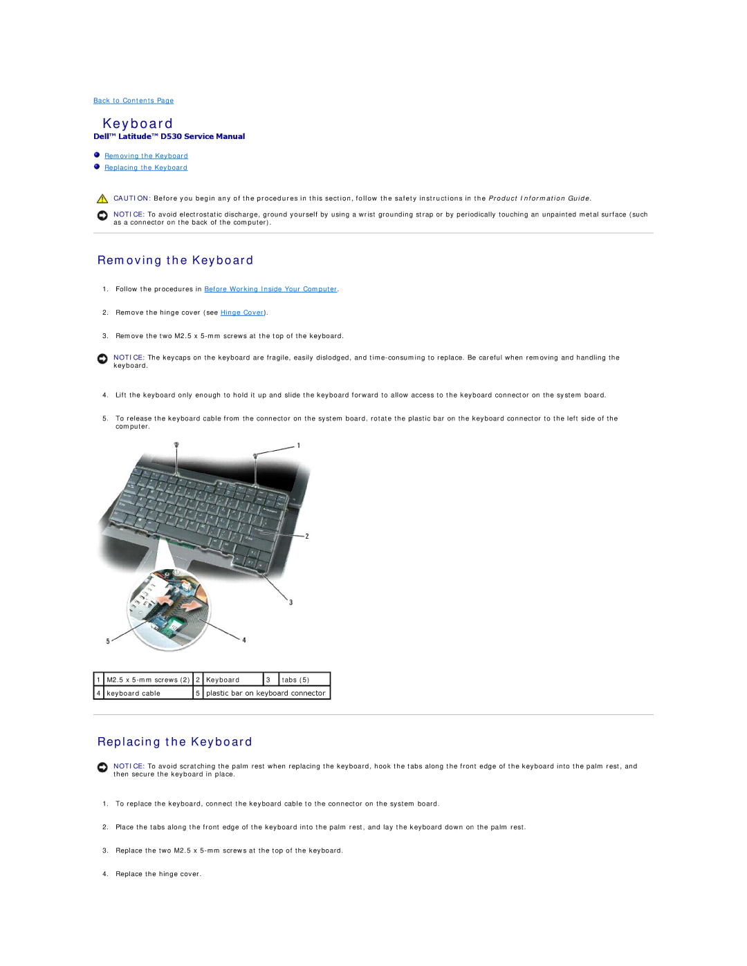 Dell PP17L manual Removing the Keyboard, Replacing the Keyboard 