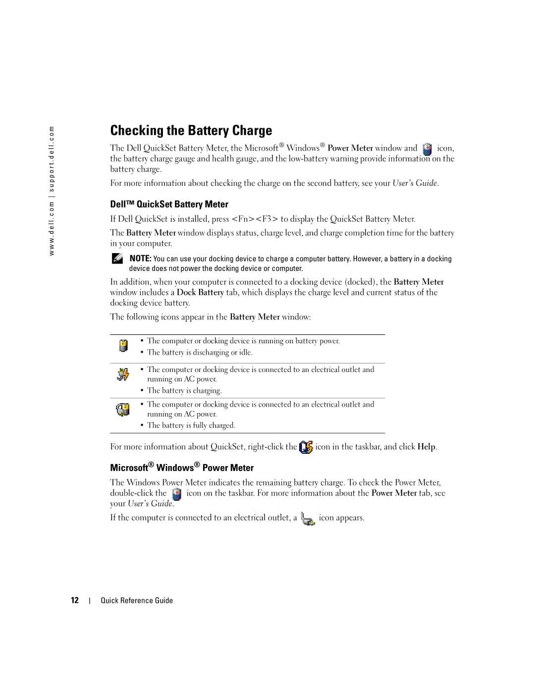 Dell PP17L manual Checking the Battery Charge, Dell QuickSet Battery Meter, Microsoft Windows Power Meter 