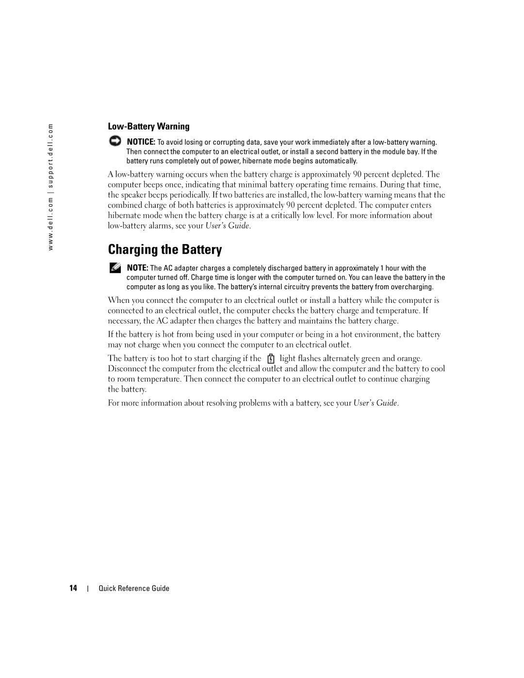 Dell PP17L manual Charging the Battery, Low-Battery Warning 