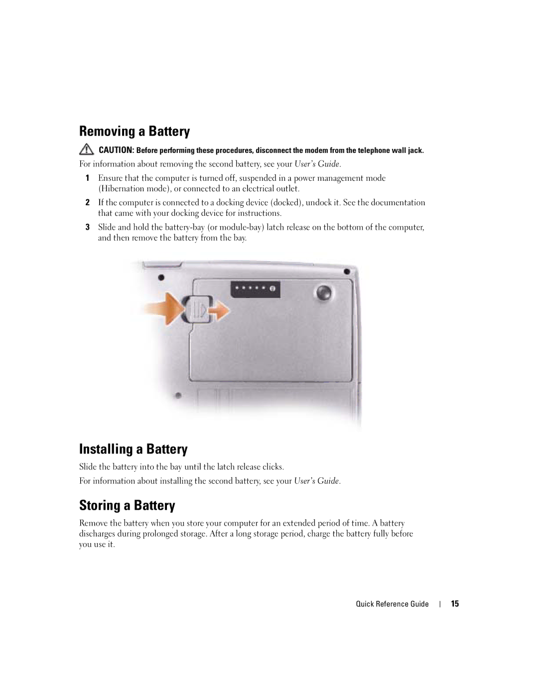 Dell PP17L manual Removing a Battery, Installing a Battery, Storing a Battery 