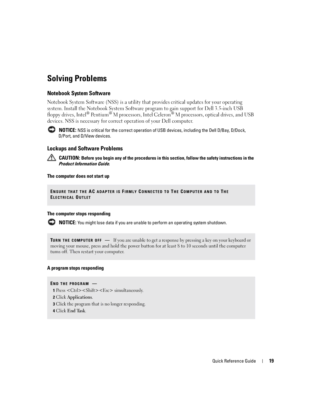 Dell PP17L manual Solving Problems, Lockups and Software Problems, Computer does not start up, Computer stops responding 