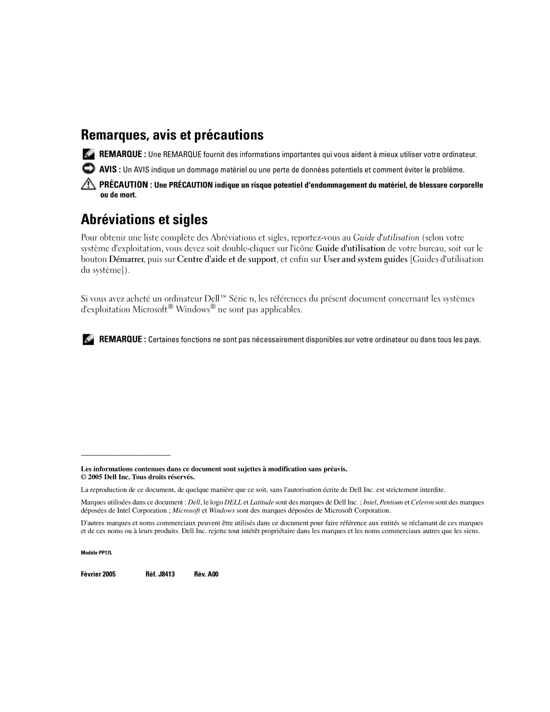 Dell PP17L manual Remarques, avis et précautions, Abréviations et sigles 