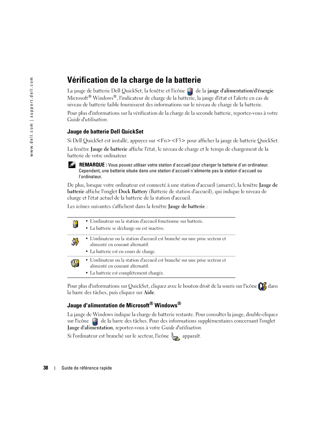 Dell PP17L manual Vérification de la charge de la batterie, Jauge de batterie Dell QuickSet 