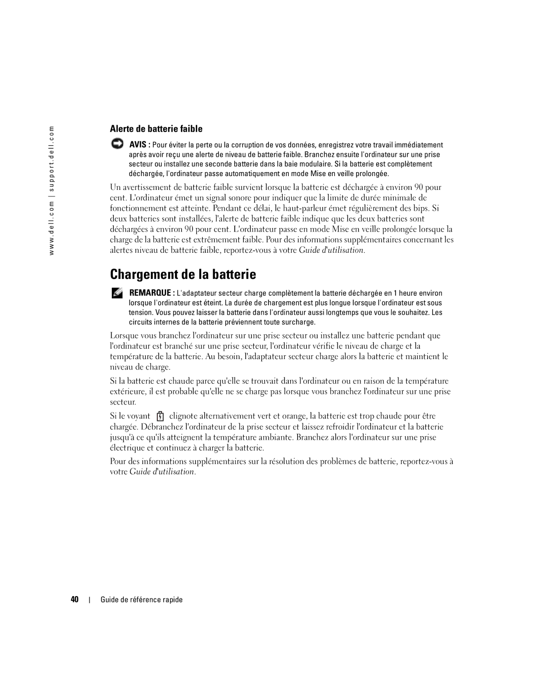 Dell PP17L manual Chargement de la batterie, Alerte de batterie faible 