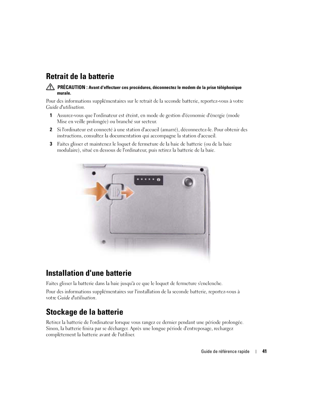 Dell PP17L manual Retrait de la batterie, Installation dune batterie, Stockage de la batterie 