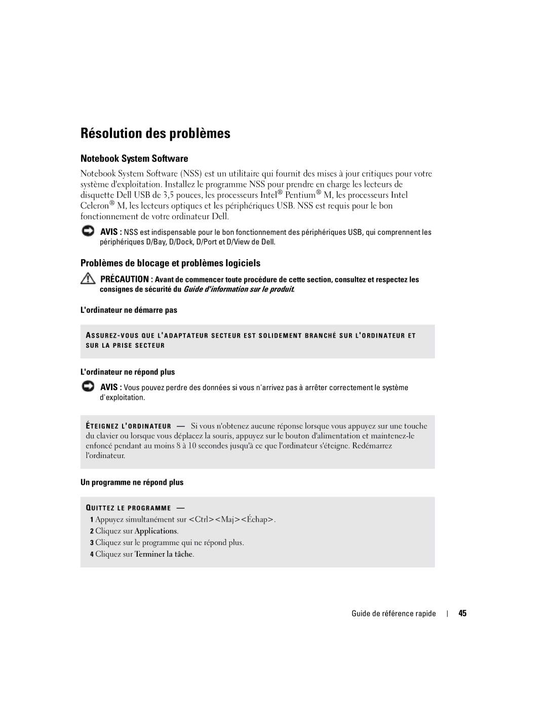 Dell PP17L manual Résolution des problèmes, Problèmes de blocage et problèmes logiciels, Lordinateur ne démarre pas 