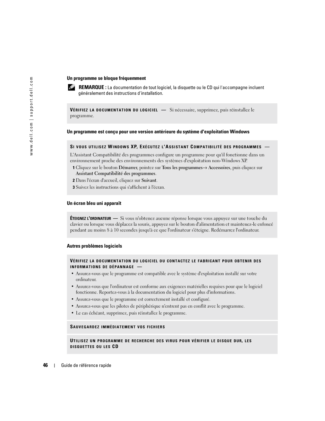 Dell PP17L manual Un programme se bloque fréquemment, Un écran bleu uni apparaît, Autres problèmes logiciels 