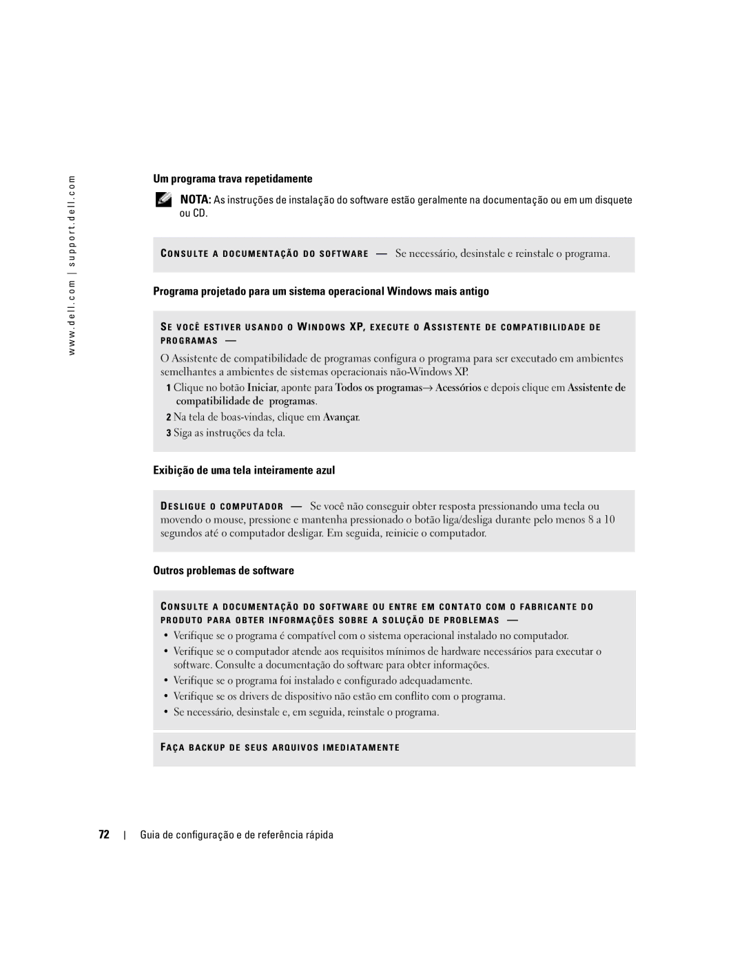 Dell PP17L manual Um programa trava repetidamente, Exibição de uma tela inteiramente azul, Outros problemas de software 