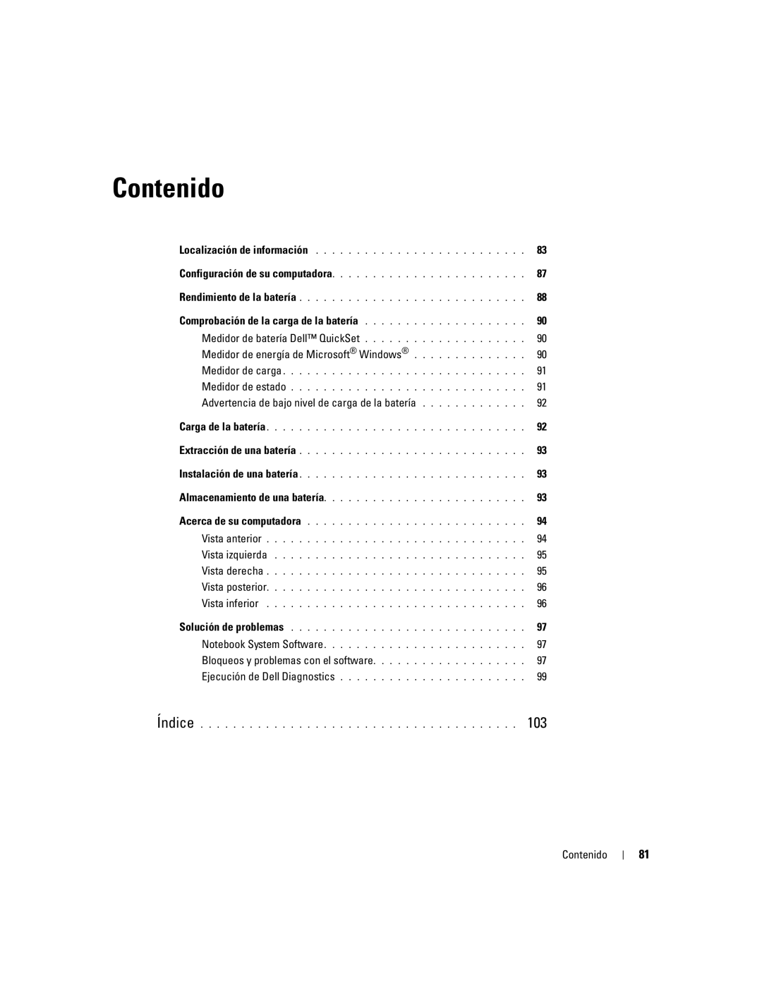 Dell PP17L manual 103, Comprobación de la carga de la batería, Medidor de energía de Microsoft Windows, Contenido 